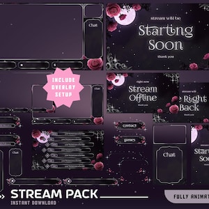 Può includere: Un pacchetto di streaming digitale con un tema viola scuro e nero, con rose, lune e stelle. Include configurazione overlay, caselle di chat e schermate animate con testo come "Starting Soon" e "Right Back". Sono visibili anche le parole "Stream Pack" e "Instant Download".