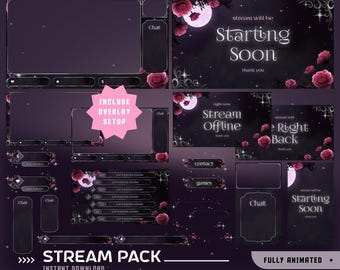 Midnight Roses Animiertes Stream Overlay Paket, Dark Gothic Rose, Fantasy Floral Gamer, Witchy Gothic Twitch, Moonlight Stream Design, OBS