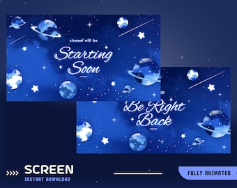 Stellar Universe Animiertes Stream Bildschirm Overlay Paket, Tiefblauer Nachthimmel, Ring Planeten Design, funkelnder Sternen Bildschirm, Sternenstaub Overlay