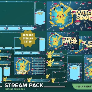 Puede incluir: Un paquete de transmisión digital con un esquema de color turquesa y azul. El paquete incluye varias superposiciones animadas con gráficos de Pikachu y texto como "Starting Soon", "Stream Offline" y "Be Right Back". Las palabras "Stream Pack" e "Instant Download" también son visibles.