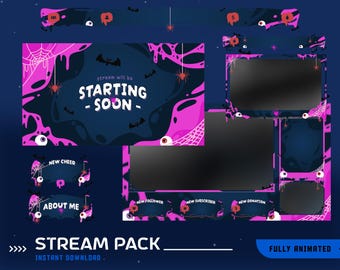 Halloween Stream Overlay Pack Animiert, Pink Lila Dunkelblau Twitch Overlay, ab bald, BRB, Webcam Overlay, Cute Horror Theme, Blau Pink