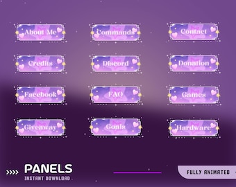 Schönes Nacht Static Stream Panel Overlay Paket, Lila Rosa Overlay, Herzen Wolke Panels, Sternrahmen Design, Soft Sparkle Nachthimmel