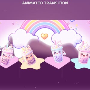 Kawaii Boba Dreams Animated Stinger Transition Overlay Package, Pastel Purple, OBS Streamlabs Setup, Bubble Tea Transition, Rainbow Cloud