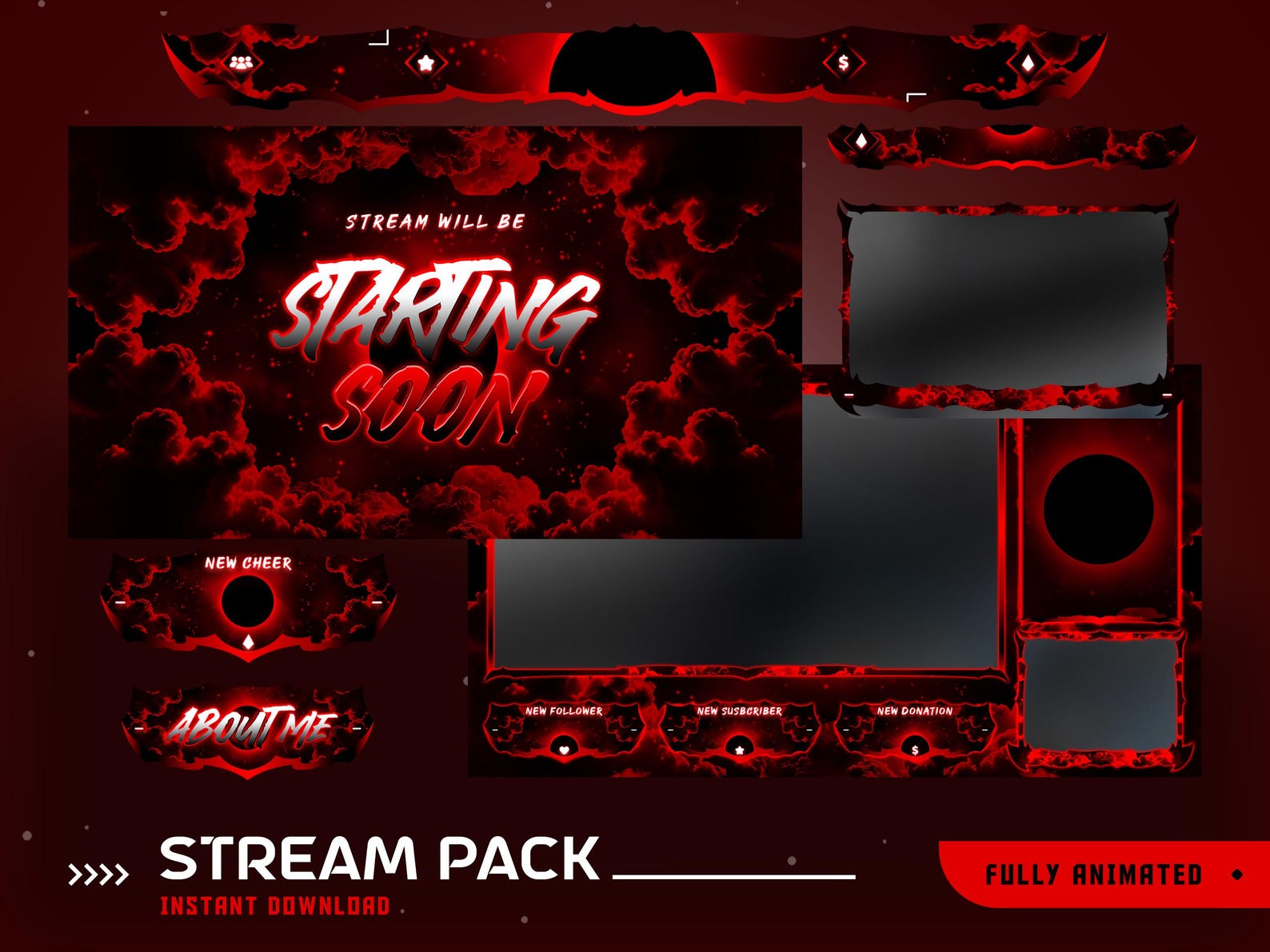 Stream Over Red Dark Red Cloud Animated Stream Overlay Package, Red Stream Overlay ...