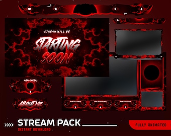 Dunkelrote Wolke animiertes Stream Overlay Paket, Rotes Stream Overlay, Dark Gaming Overlay, Feuriges Stream Paket, Schwarz & Rot Twitch Stream