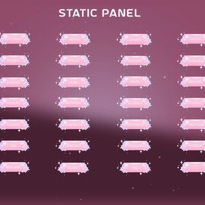 May include: A digital graphic set titled STATIC PANEL featuring twenty-eight rectangular buttons in light pink with white text labels. Each button is decorated with small white star icons and light blue floral accents on the left and right sides.