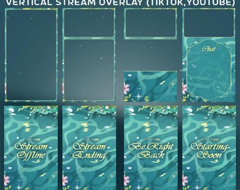 Bloom Lagoon Animated Tiktok Overlay Stream Package, Vertical Twitch, Tiktok Live, Green Botanical Leaves And Forest Foliage,Floating Flower