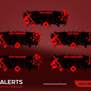 May include: A set of animated alerts for streaming, featuring a dark red and black color scheme. Each alert has a unique icon and text, including "New Cheer," "New Donation," "New Raid," "New Follower," and "New Subscriber."