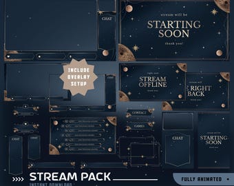 Orbital Planeten animierte Stream Overlay Paket, Navy Gold Overlay, Mond und Stern Design, Kosmische Nacht Thema, Elegante Rahmen Overlay