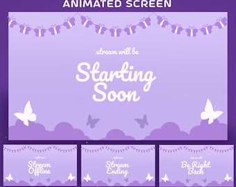 Hängende Schmetterlinge Animierte Stream Screen Overlay Paket, Pastell Lila Weiß, Schmetterlingsgirlande Design, Weiche Wolke Design, Nachthimmel