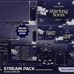 Puede incluir: Un paquete de superposiciones para streaming con un tema de cielo nocturno azul marino, nubes blancas, lunas crecientes, estrellas y mariposas. Incluye marcos para chat, webcam y pantallas de estado con texto como Starting Soon y Stream Offline.