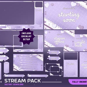 Puede incluir: Un paquete de transmisión digital en tonos morados, con varias superposiciones y paneles animados. El diseño incluye corazones, encaje y el texto "stream will be starting soon", "stream offline" y "be right back". Incluye "instant download" y "fully animated".