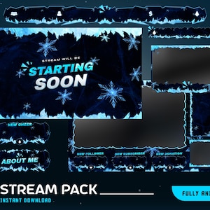 Könnte beinhalten: Ein digitales Stream-Paket mit Winterthema. Das Design zeigt einen dunkelblauen Hintergrund mit Eis- und Schneeflocken-Akzenten. Der Text enthält "Starting Soon", "New Cheer", "About Me" und "Stream Pack".