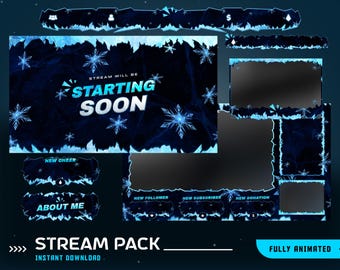 Eis Animierter Stream Overlay Paket, Blaues Eis Thema Overlay, Winter Ästhetische Vtuber Overlay, Frosted Twitch Overlay, Alarmierung, Panel, Webkamera