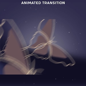 Op de afbeelding: Een donkerpaarse afbeelding met de tekst ANIMATED TRANSITION bovenaan. Het centrale beeld toont twee wazige, bruine vlindersilhouetten omlijnd met lichte, golvende, doorschijnende witte lijnen tegen een donkere achtergrond met kleine stippen.