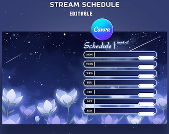 Nachtblumen-Static-Stream-Schedule-Overlay-Paket, Blau-Lila-Schedule-Overlay, gemütliche Blumenvibes, Sternennachtdesign, flauschige Wolken