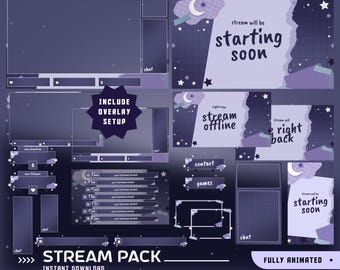 Midnight Aura Notes Animiertes Stream Overlay Paket, Twitch Overlay Lavendel, Verträumter Lila Stream, verschiedene Luftschlangen, Mond Themenkanäle