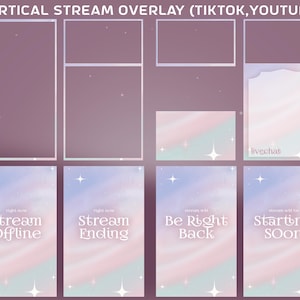 以下が含まれることがあります： TikTokとYouTube用の垂直ストリームオーバーレイセットで、ソフトなパステルカラースキームが特徴です。デザインには、フレーム、ライブチャットボックス、および「Stream Offline」、「Stream Ending」、「Be Right Back」、「Starting Soon」などのテキストが表示された画面が含まれています。