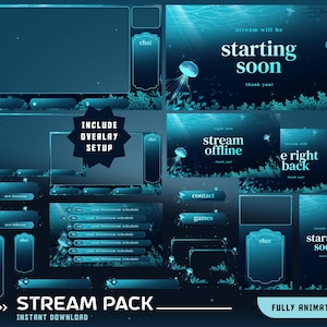 May include: A digital stream pack with an underwater theme. The pack includes animated overlays, chat boxes, and panels in shades of teal and blue. Text includes "Stream Pack" and "Starting Soon".