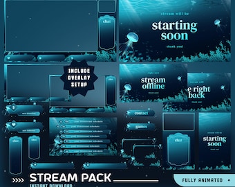 Verstecktes Riff Animiertes Stream Overlay Paket, Dunkelblaues Overlay, Tiefsee Design, Qualle Themenpaket, Ocean Glow Design, Creative Stream