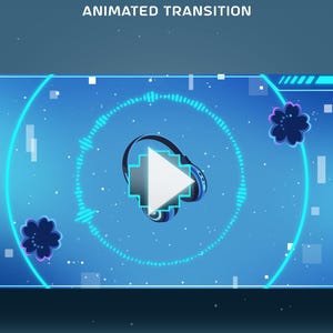 Könnte beinhalten: Eine digitale Grafik mit dem Text ANIMATED TRANSITION oben. Ein zentrales Play-Button-Symbol überlagert ein Paar dunkle Kopfhörer, umgeben von einer hellblauen Schallwellen-Visualisierung und zwei dunkelblauen blumenförmigen Symbolen.