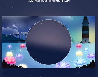 Crystal Lagoon Animated Stinger Transition Overlay Package, Blooming Flowers, Floral Decoration, Botanical Theme, Bridge Landscape,Navy Blue