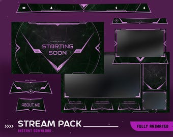 Lila Grün Gaming Stream Overlay Pack Animiert, Neon Twitch Overlay, Start bald Bildschirm, Stream Paket, OBS Stream Kit, Cyberpunk Dark