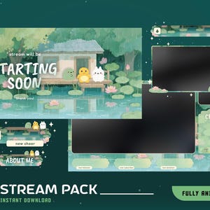 May include: A digital stream pack with a serene, animated design. The main graphic features a small house on a pond with cartoon characters. Text includes "Starting Soon," "About Me," and "Stream Pack." The pack is fully animated and available for instant download.