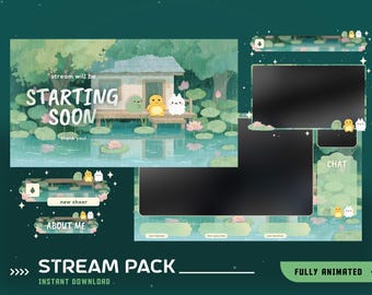 Lotus Green animierte Stream Overlay Paket, Regnerischer Wald Overlay, Lily Pond Stream, Ente und Bunny Overlay, Pastell Grün Ästhetik,