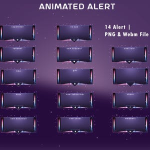 Op de afbeelding: Een verzameling van 14 geanimeerde alert-overlays voor streaming, met een donkerpaars verloopontwerp met roze en blauwe accenten. Elk rechthoekig kader bevat tekstlabels zoals superchat, new follower en new raid, geleverd in PNG- en Webm-bestandsformaten.