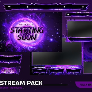 May include: A digital stream pack with a purple and black space theme. The design includes animated overlays for alerts, a "Starting Soon" screen, and panels for followers, subscribers, and donations. The words "STREAM PACK" and "FULLY ANIMATED" are also visible.