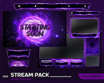 Black Hole animierte Stream Overlay Paket Paket, Lila Galaxy Streamer Overlay, Neon Animierte Overlay, Cyber Stream, Holographisch, Alarm, Webkamera