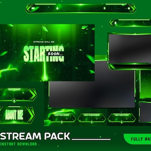 Könnte beinhalten: Ein grünes und schwarzes Stream-Pack-Design mit dem Text "STREAM WILL BE STARTING SOON..." und "ABOUT ME". Das Design umfasst animierte Overlays für Streaming-Plattformen. Die Wörter "STREAM PACK" und "INSTANT DOWNLOAD" sind ebenfalls sichtbar.