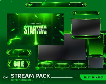 Grün Neon Stream Overlay Paket Animiertes, futuristisches Gaming Overlay, OBS Twitch Stream Paket, Start bald Bildschirm, Webkamera Rahmen, Benachrichtigungen