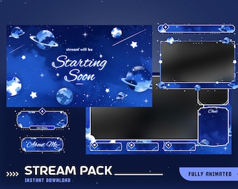 Stellar Universe Animiertes Stream Overlay Paket, Space Overlay Pack, Galaxy Blue Overlay, Planet Stream, Sternennacht Design, weiches Leuchten