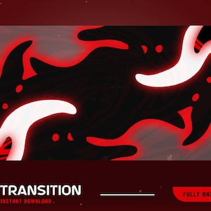 Peut inclure: Graphique numérique avec un fond sombre et des formes abstraites rouges et blanches. Le mot "TRANSITION" est en bas, avec "TÉLÉCHARGEMENT INSTANTANÉ" et "ENTIÈREMENT ANIMÉ". Le design a une sensation moderne et dynamique.