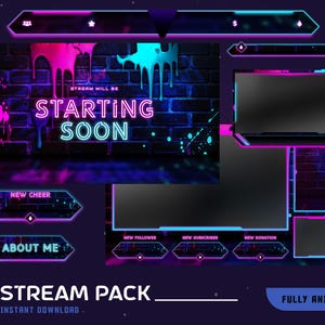 May include: A digital stream pack design with a neon colour scheme. The design features a brick wall background with paint drips in pink and teal. Text includes "Starting Soon", "New Cheer", "About Me", and "Stream Pack".