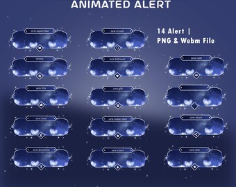 Nachtblume animierte StreamAlert-Overlay-Paket, Blau-Lila-Alert, verträumtes Blumenmuster, Sternennachtdesign, flauschige Wolken, helle Streifen