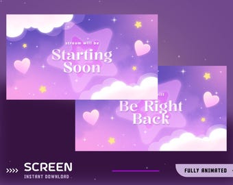 Lovely Night Animated Stream Screen Overlay Paket, Purple Pink Theme Twitch, Hearts Cloud Overlay, Sternenhimmel Theme, Sparkle Night Sky