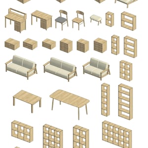 Puede incluir: Una colección de muebles de madera clara, que incluye camas, escritorios, sillas, sofás, mesas y estanterías. Las camas tienen ropa de cama gris y las sillas tienen asientos grises. Los muebles están diseñados en un estilo sencillo y moderno.