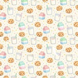以下が含まれることがあります： クッキー、牛乳パック、ストロー付きの牛乳グラスの繰り返し模様。クッキーは丸く、チョコレートチップが入っています。牛乳パックはパステルピンク、ブルー、グリーンです。背景は薄い黄色で、小さな星が散りばめられています。