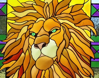 Have a Little Lion in Your Window, Hand Painted Faux Stained Glass, 29 inches length by 17 inches wide, FREE SHIPPING with Handling Fee