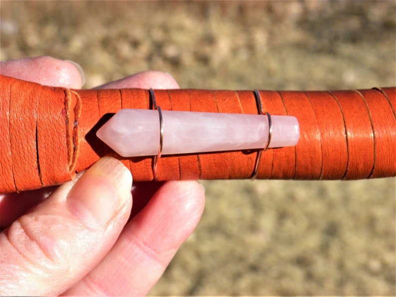 Healing or Ceremony Deer Leather wrap Peacock Large Smudging Fan for Ritual Rose Quartz Point