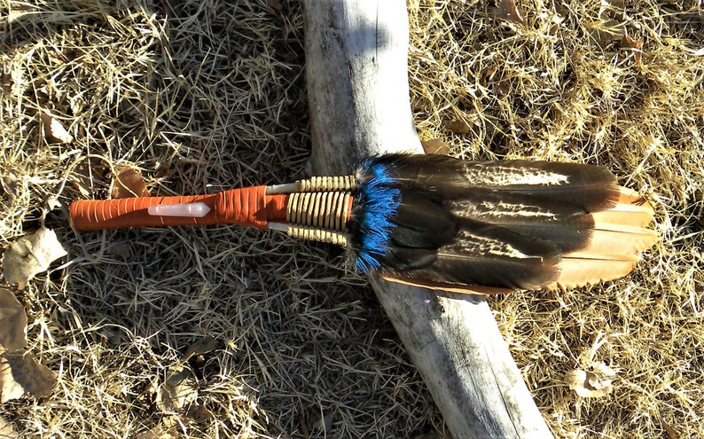 Healing or Ceremony Deer Leather wrap Peacock Large Smudging Fan for Ritual Rose Quartz Point