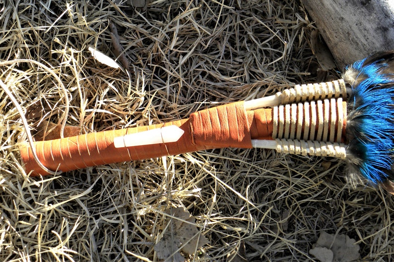 Healing or Ceremony Deer Leather wrap Peacock Large Smudging Fan for Ritual Rose Quartz Point