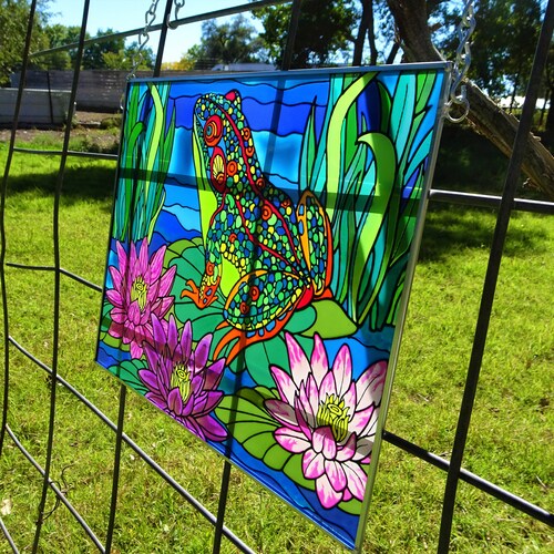 You Need A Frog in Your Window, Faux stained Glass, Lots of Detail (12.5 inches tall by shops 15.5 inches wide)
