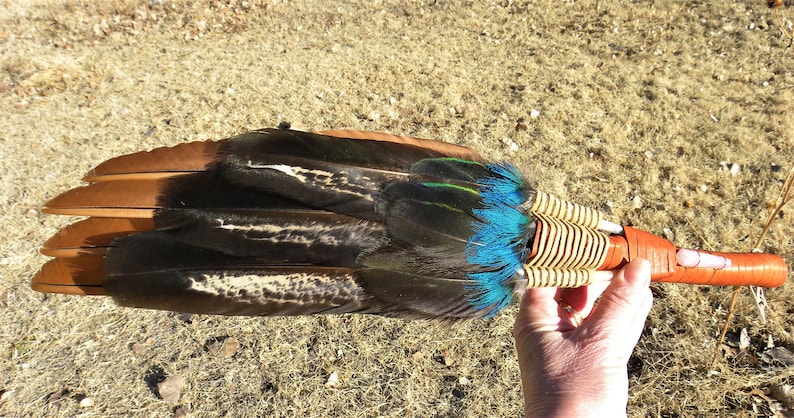 Healing or Ceremony Deer Leather wrap Peacock Large Smudging Fan for Ritual Rose Quartz Point