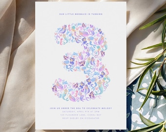 3rd Mermaid Invitation for Girl Under The Sea Birthday Digital Template Little Mermaid Invite Editable Download Third Birthday Pastel HS9
