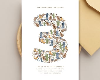 3rd Western Invitation for Boy Cowboy Birthday Digital Template First Rodeo Invite Editable Download Third Birthday Minimal Blue Howdy HS8
