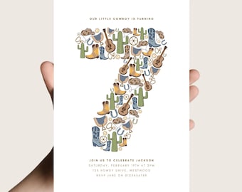 7th Western Invitation for Boy Cowboy Birthday Digital Template First Rodeo Invite Editable Download Seventh Birthday Minimal Blue Howdy HS8